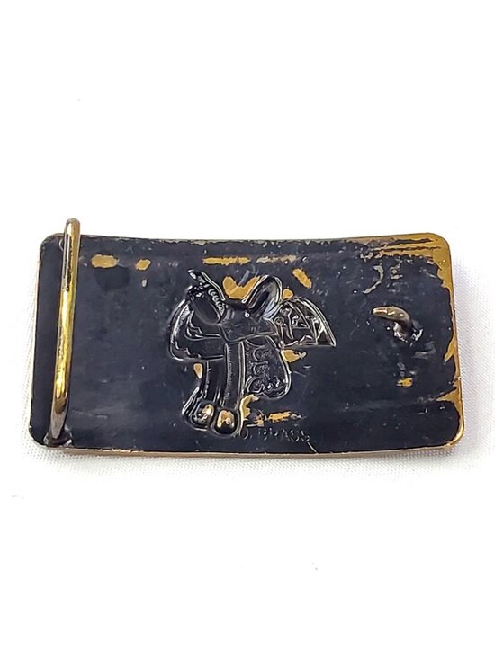 Vintage Solid Brass Western Saddle Belt Buckle Floral Engravings Rustic